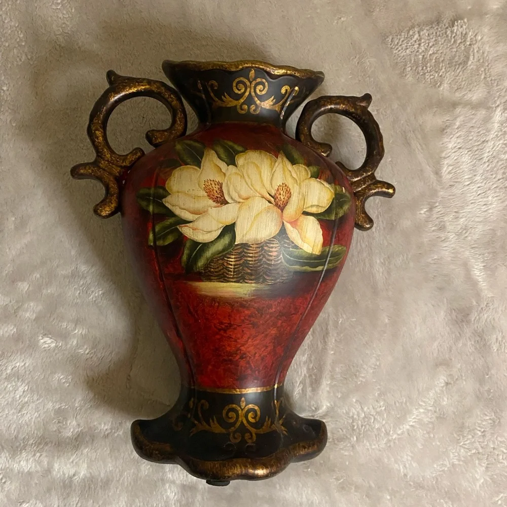 Elegant Red and Gold Floral Vase, pottery/clay/plaster? Great condition